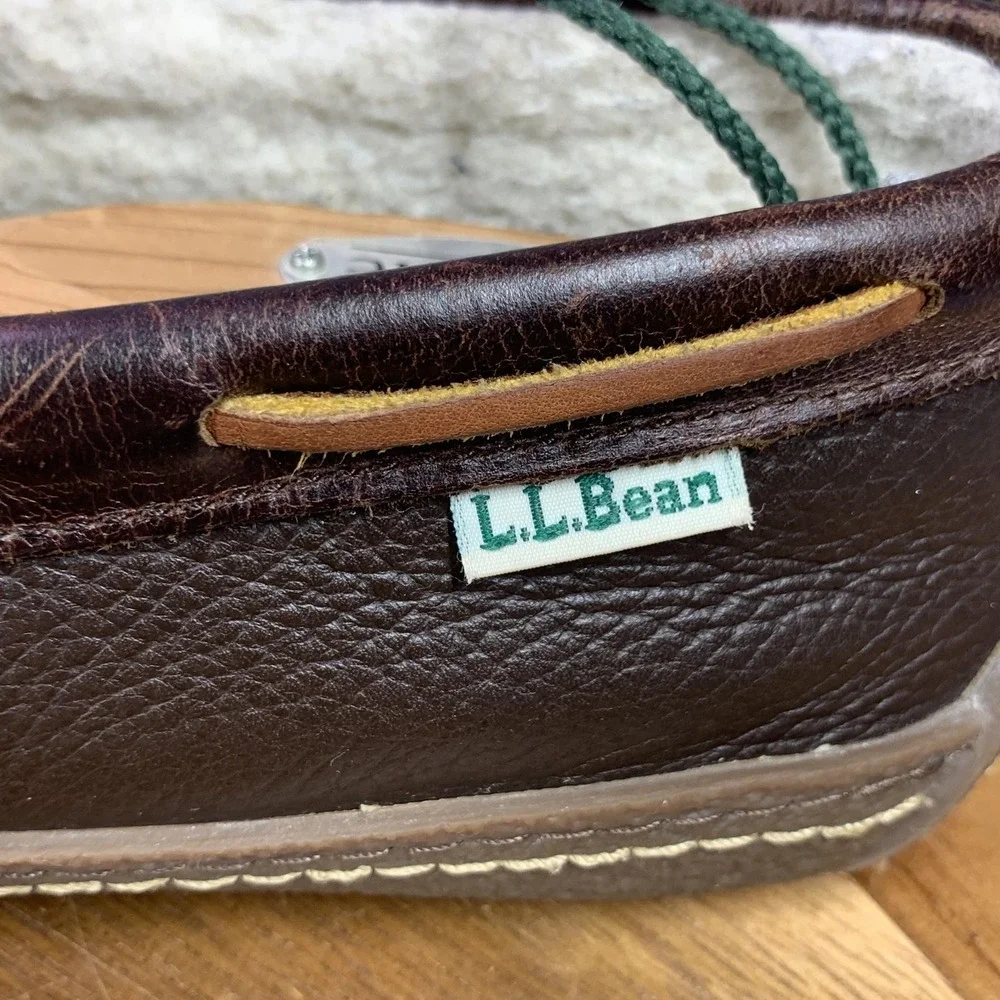 L.L. Bean Shoes Mens 11 Brown Leather Moccasin Fleece Lined Slippers Boat Preppy